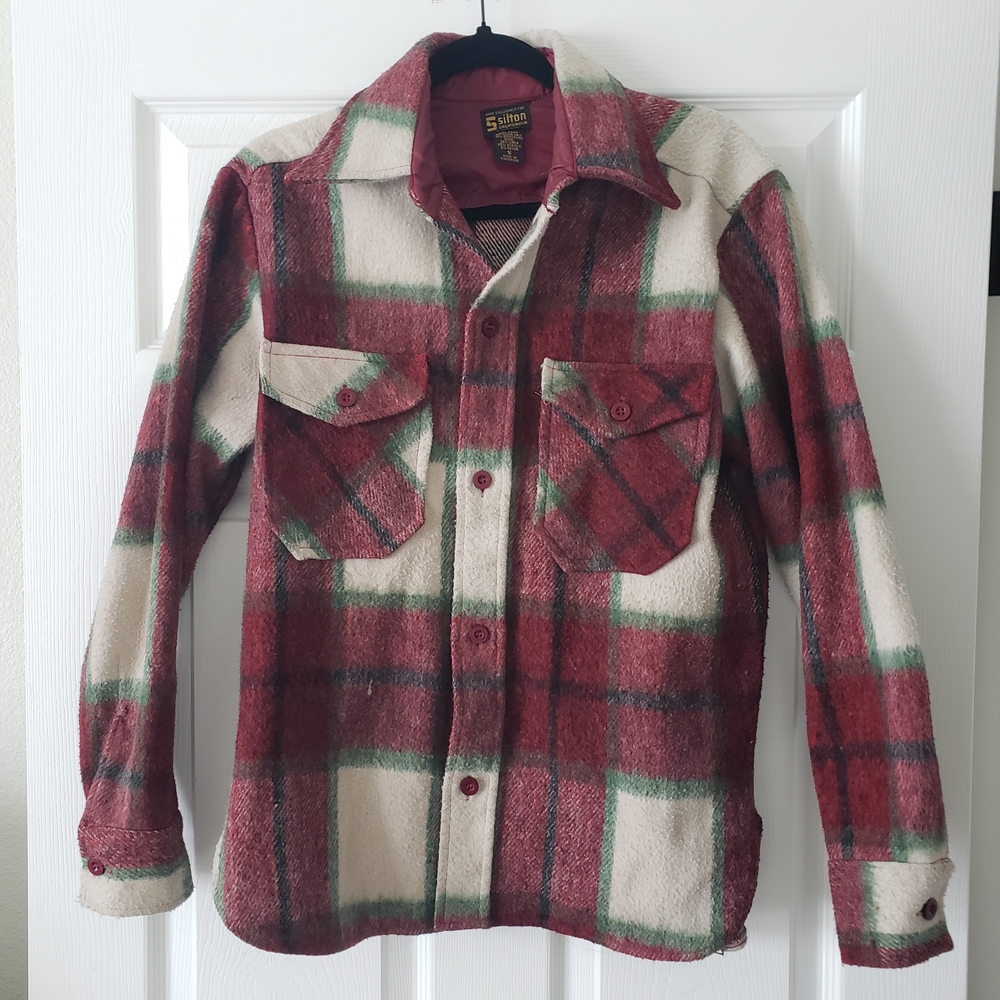 1970s Men's Vintage Silton California Red Plaid Heavy Wool Linen Shirt Small #76